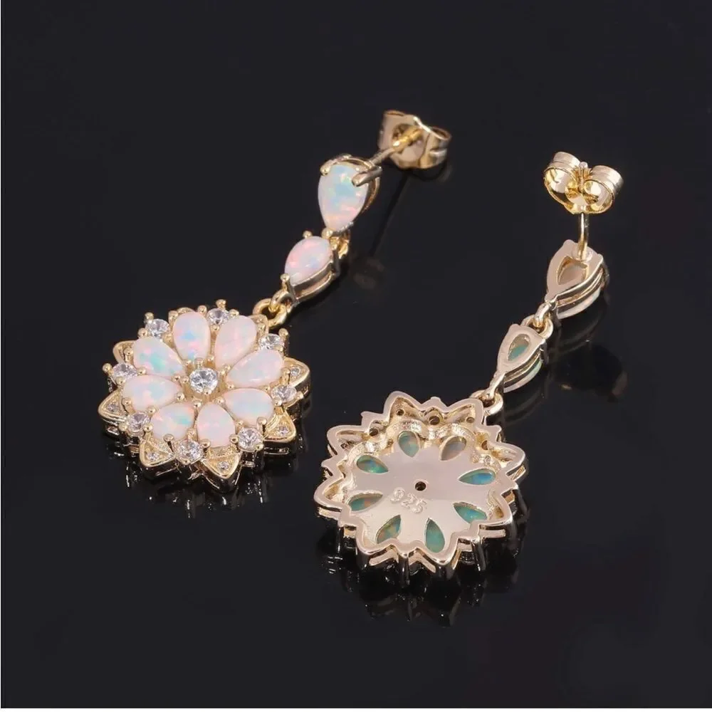 18K Yellow Gold 925 Sterling Silver with White Fire Opal and CZ Flower Earrings